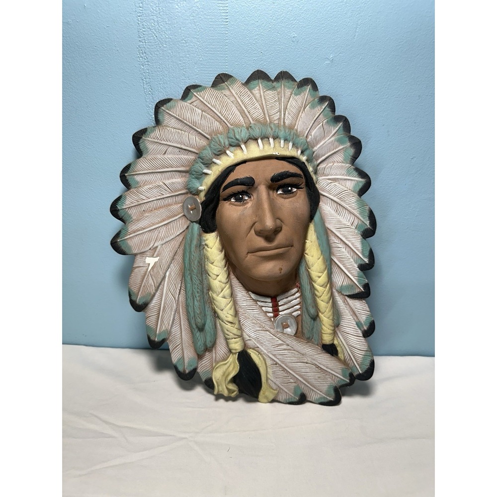 Vintage Native American Indian Plaque Ceramic Art Hand Painted Chief Chipped
